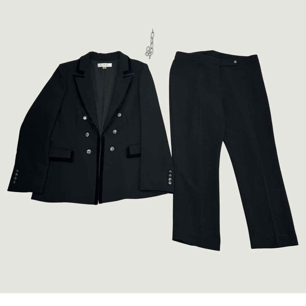 Tahari Arthur S. Levine Pant Suit Women 12 Black Velvet Trim Double Breasted Vtg